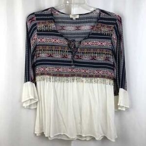 UMGEE Top Women's Small Blue White Multi Color Beaded 3/4 Sleeve Boho Festival S